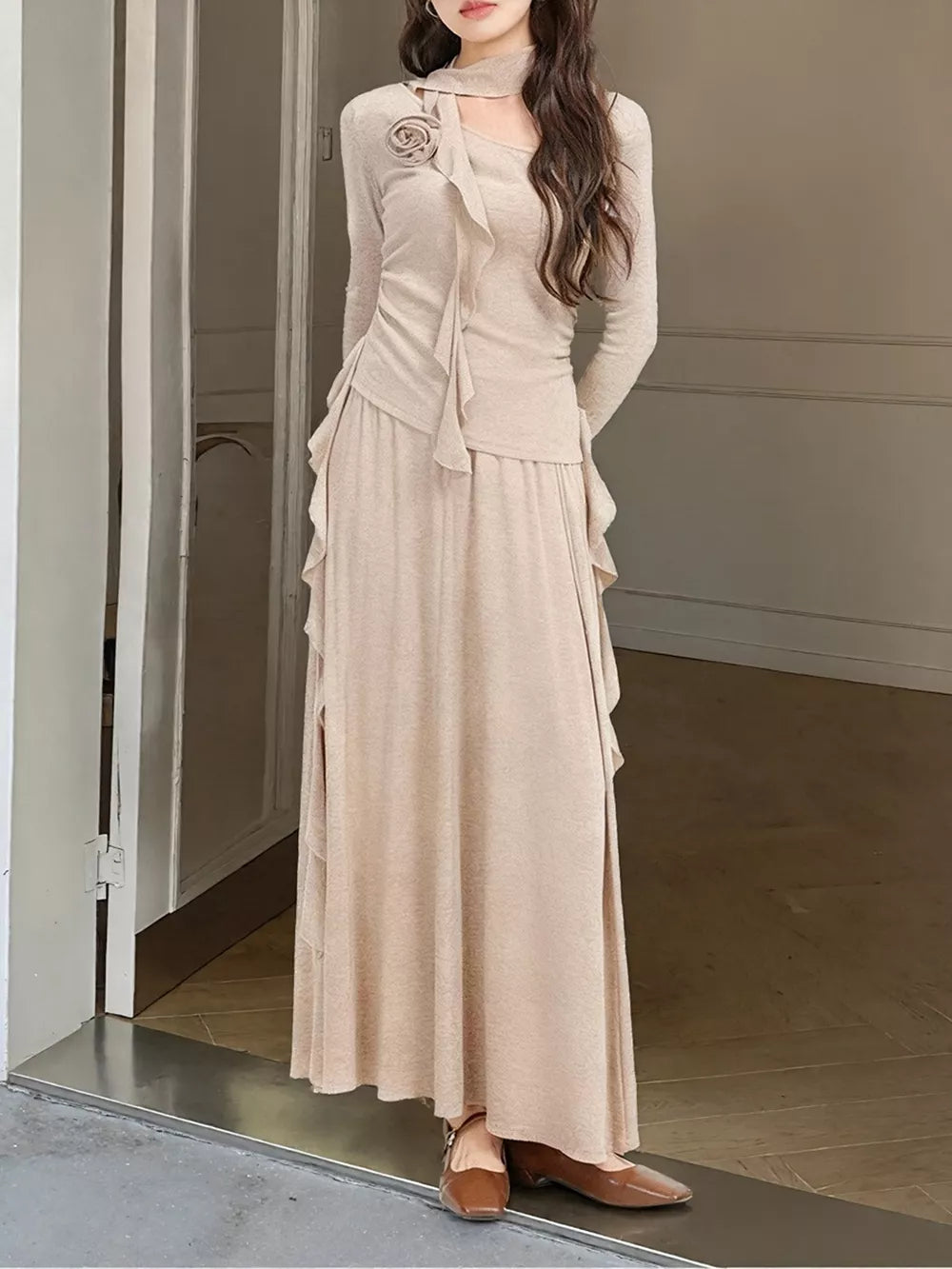 Khaki Ruffled Long Sleeve Knit Top And Maxi Skirt Set