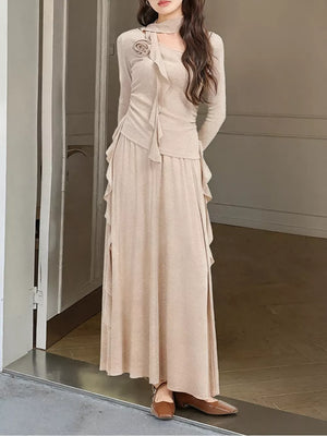 Khaki Ruffled Long Sleeve Knit Top And Maxi Skirt Set