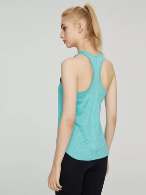 Turquoise heathered racerback tank top with curved hem