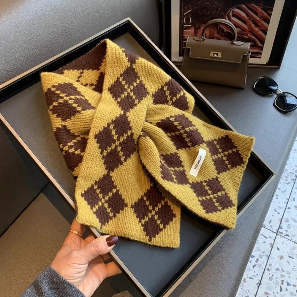Cozy argyle pattern wool scarf in brown and mustard yellow.