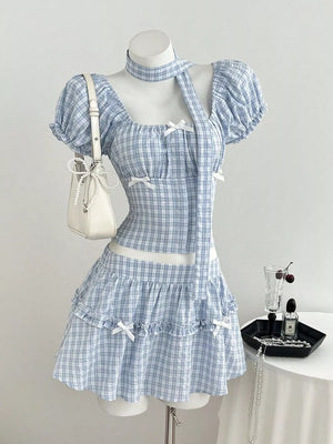 Plaid Puff Sleeve Blouse And Skirt Set