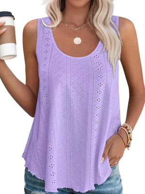 Lavender eyelet scoop neck tank top with intricate patterns