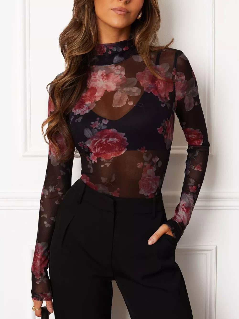 black blouse with floral and mock neck