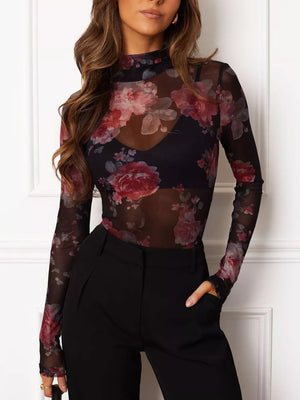 black blouse with floral and mock neck