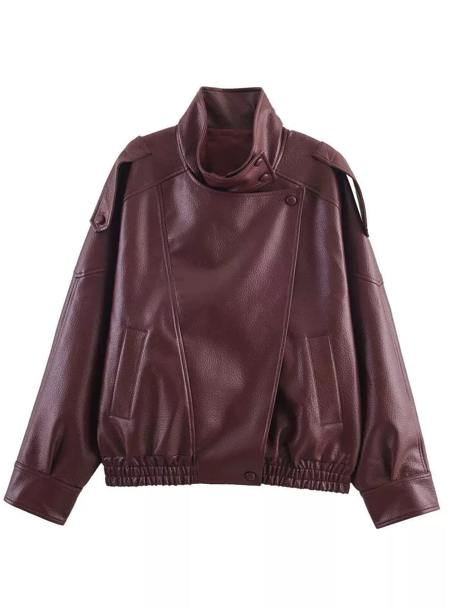 Brown with Zip-up Faux Leather Moto Jacket in Brown