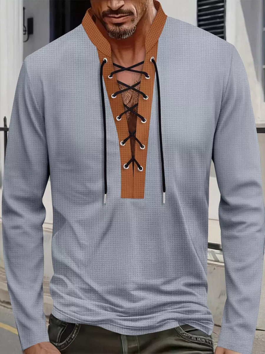 Black Men's Vintage Lace-up Long Sleeve Henley Plus Size