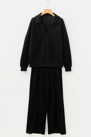 Black collared v-neck sweatshirt and wide-leg pants pajama set