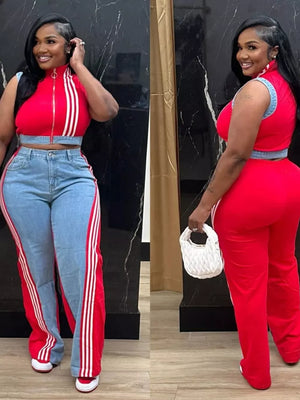 Red zip-front crop top and wide-leg pants set with side stripes.