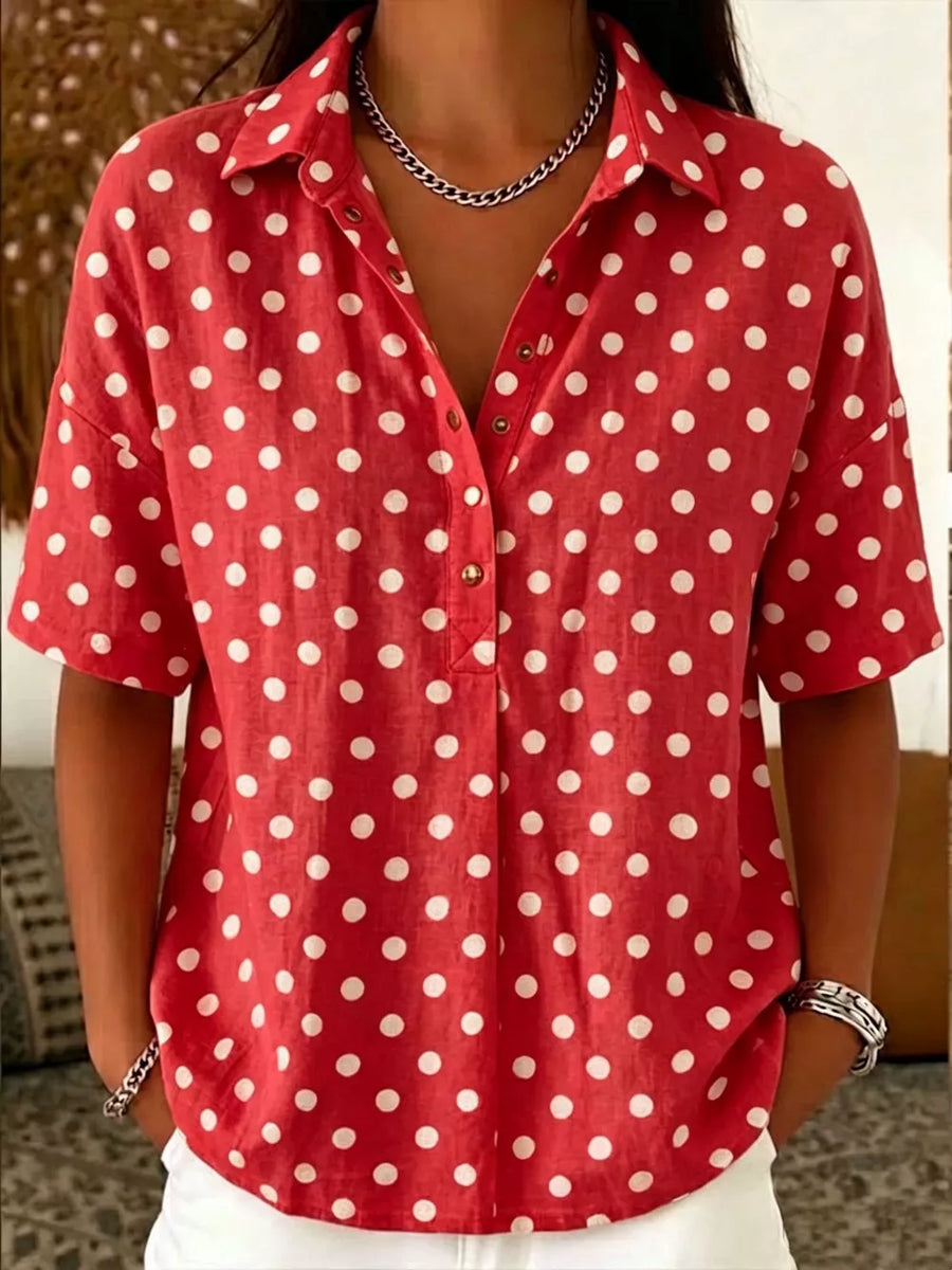 Yellow Full Size Polka Dot Short Sleeve Shirt Plus Size