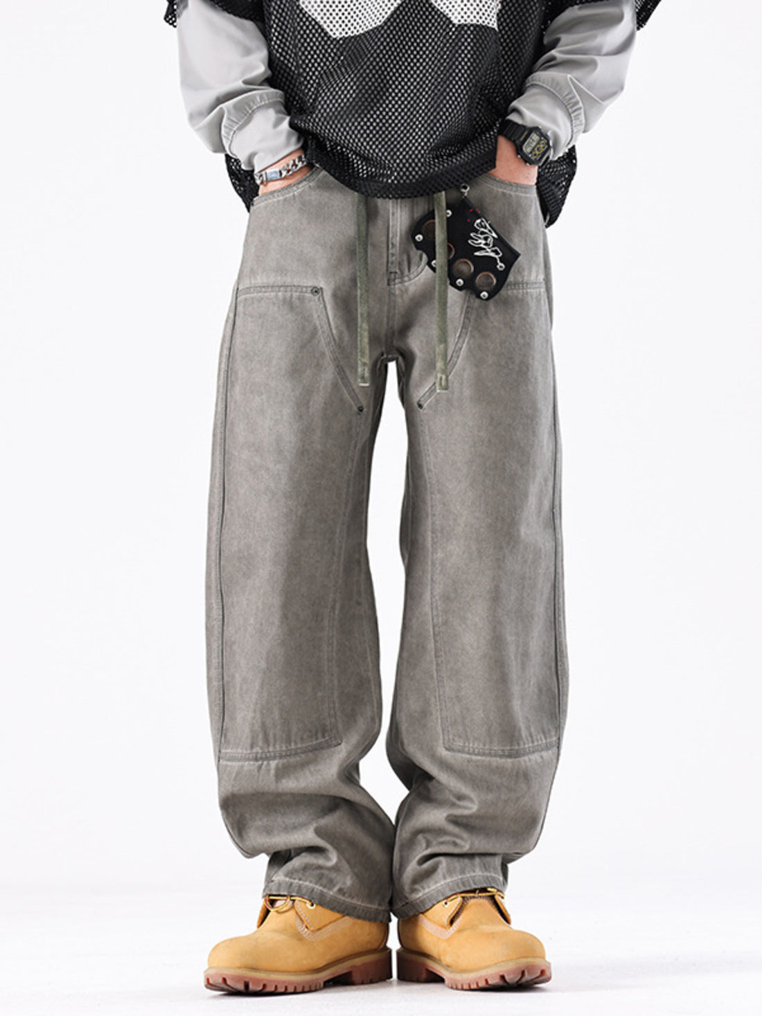 Men's vintage wash wide-leg cotton jeans in gray with drawstring waist and relaxed fit.