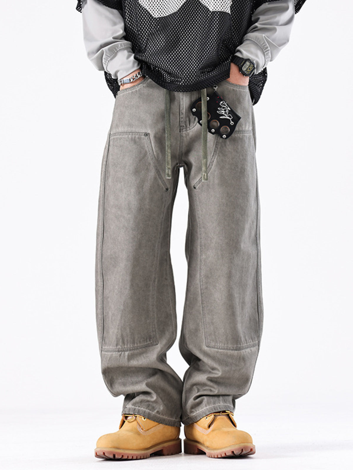 Men's vintage wash wide-leg cotton jeans in gray with drawstring waist and relaxed fit.