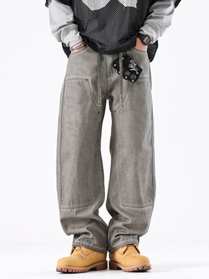 Men's vintage wash wide-leg cotton jeans in gray with drawstring waist and relaxed fit.