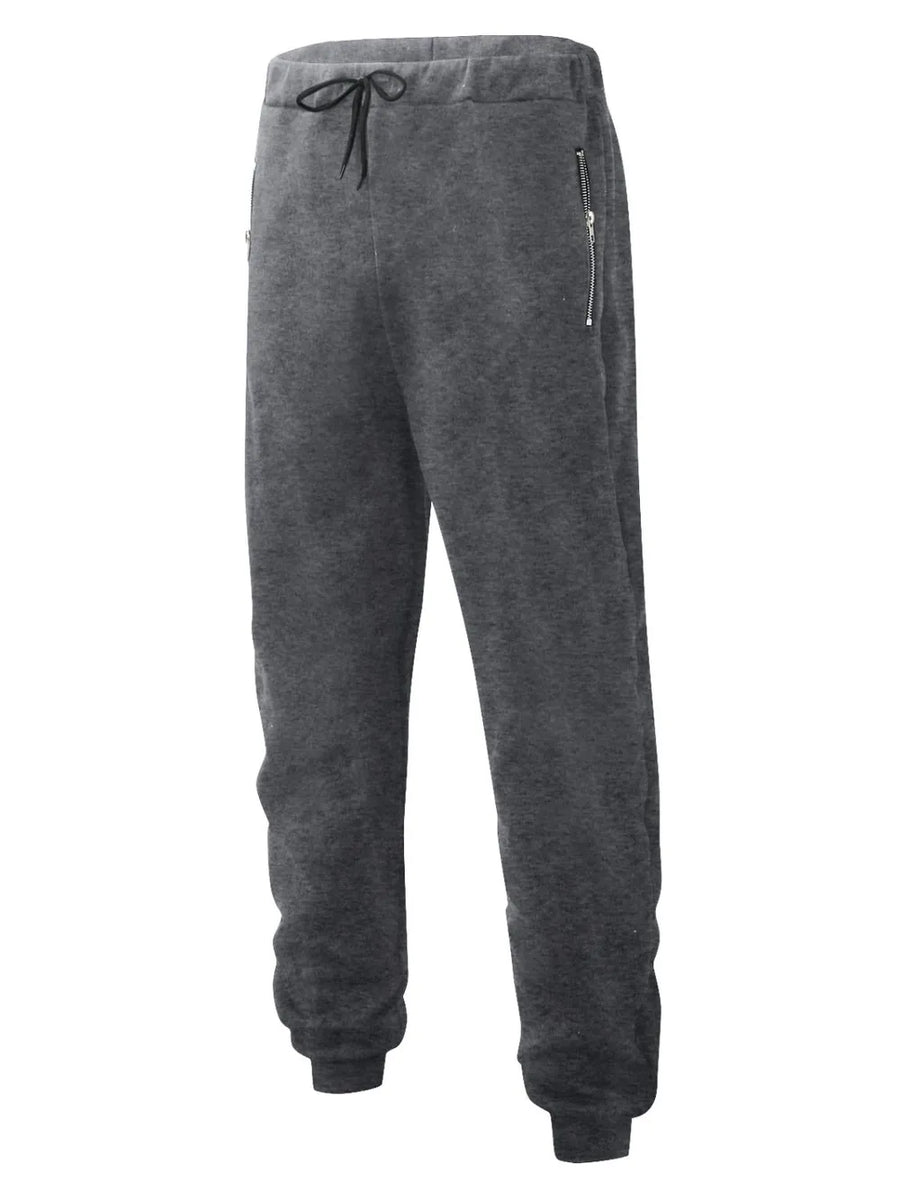 Dark gray fleece joggers with drawstring waist and zip pockets