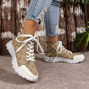 Khaki canvas high-top sneakers with all-over logo print and white laces.