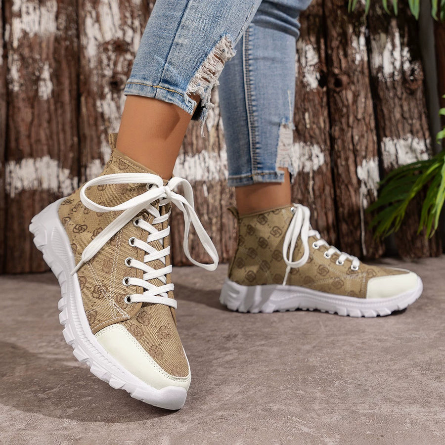 Khaki canvas high-top sneakers with all-over logo print and white laces.