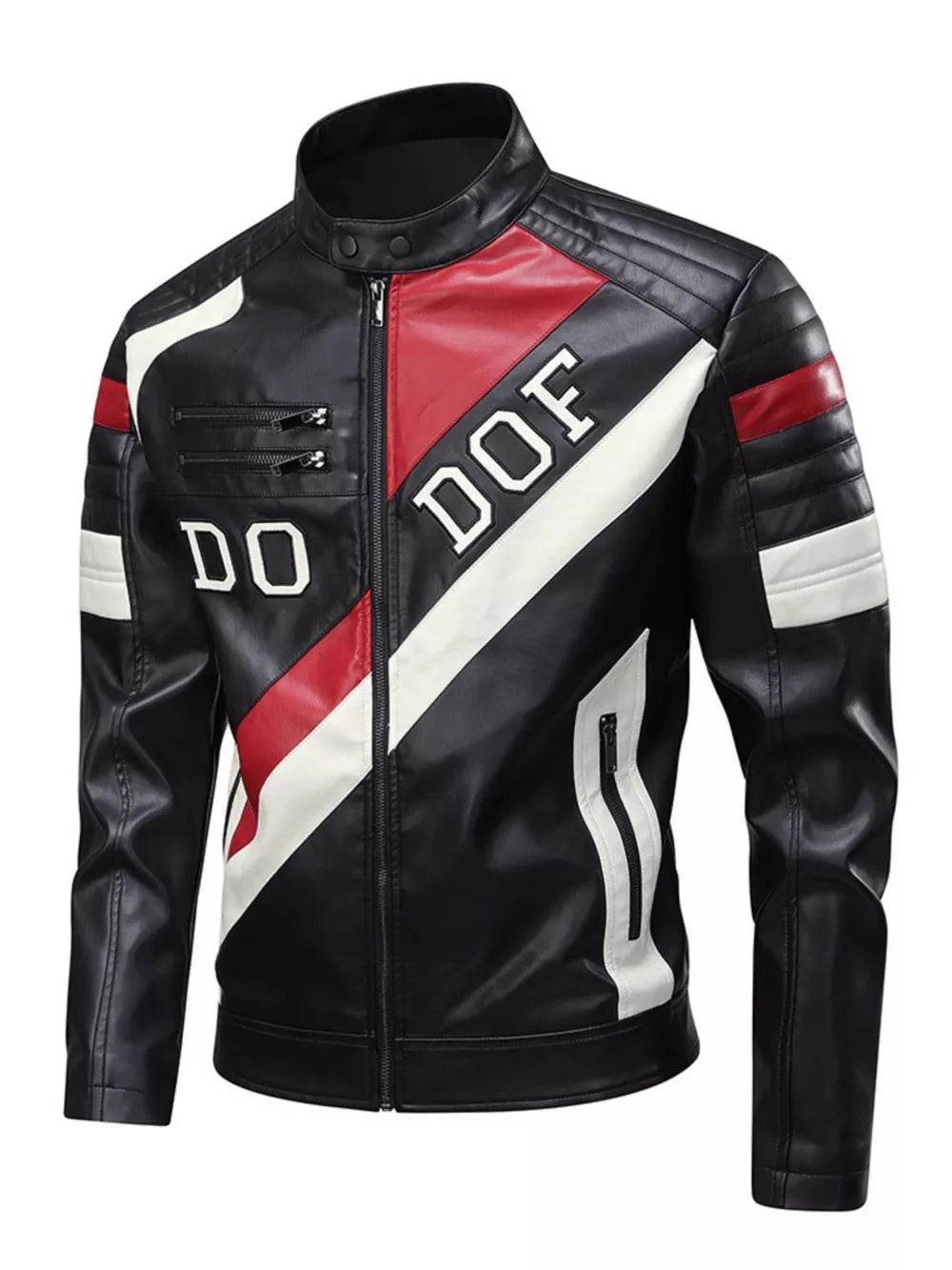 Men's black color block sport jacket with red and white accents and zippered pockets.