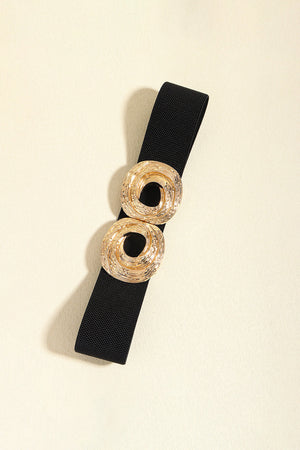 Black elastic belt with a double sculptural gold alloy buckle