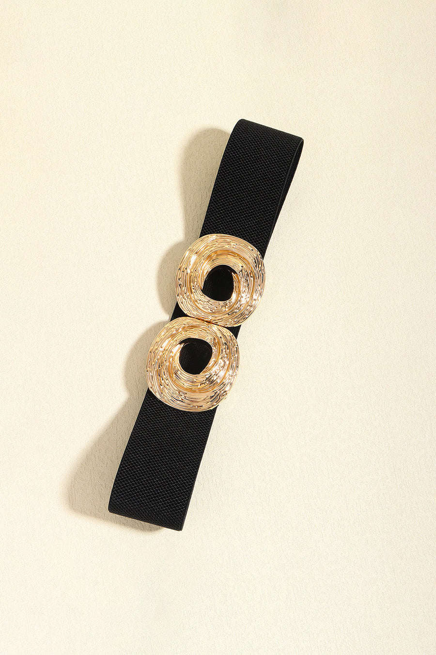 Black elastic belt with a double sculptural gold alloy buckle