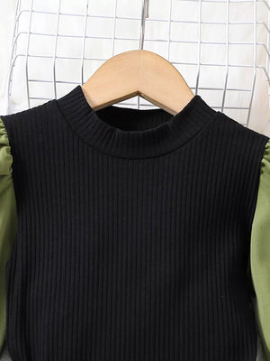 Army Green Children's Color Block Top And Pants Set