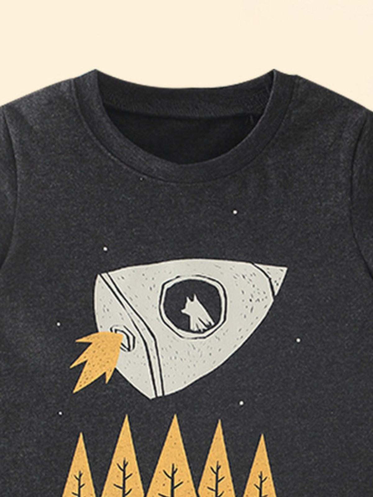 Dark grey cotton crew neck toddler t-shirt with rocket graphic and dog in window