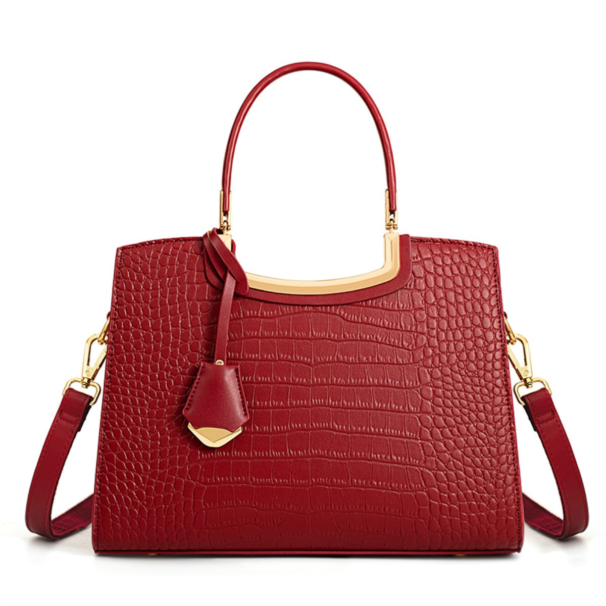 Red crocodile-embossed tote bag with top handles and detachable strap
