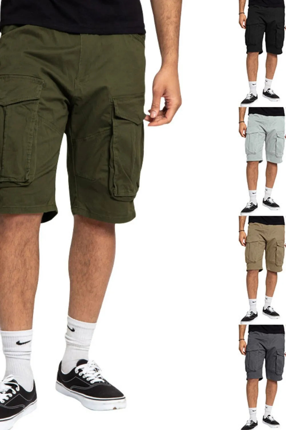 Army green cargo bermuda shorts with multiple utility pockets and extended fit.