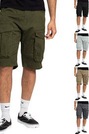 Army green cargo bermuda shorts with multiple utility pockets and extended fit.