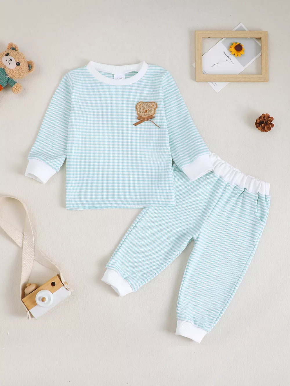 Children's Bear Striped Top And Pants Set in Light Blue
