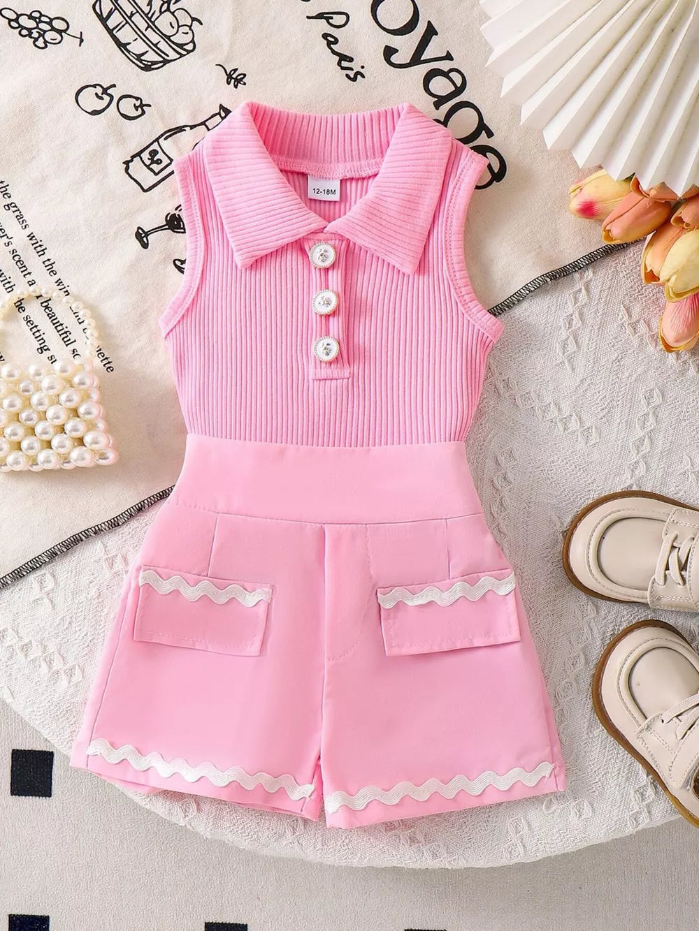 Blue Children's Ribbed Knit Polo Top & Scalloped Shorts Set
