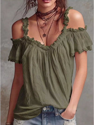 Army green ruffled cold shoulder shirt with deep V-neck and short sleeves.