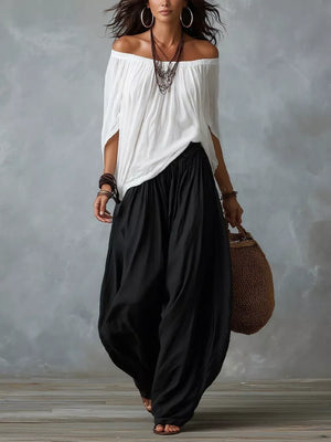 100% polyester Care instructions: Machine wash cold off-shoulder top in White Gray with loose silhouette