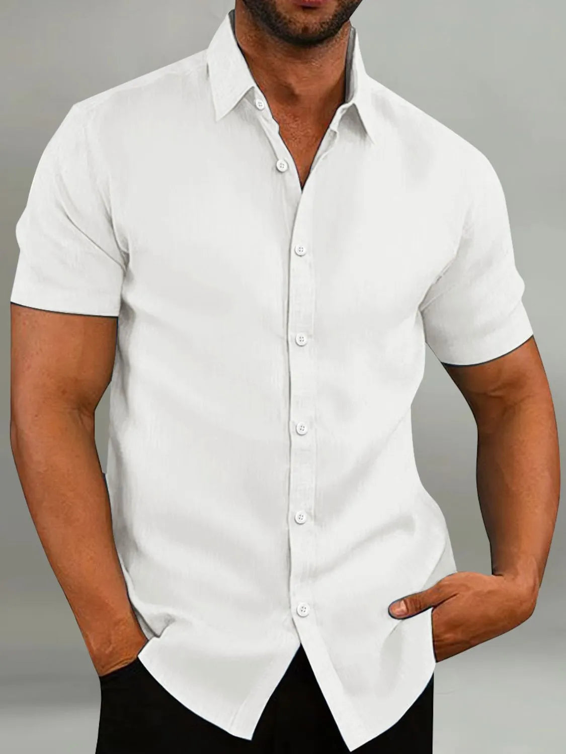 White linen-blend short-sleeve button-down shirt with a tailored fit.