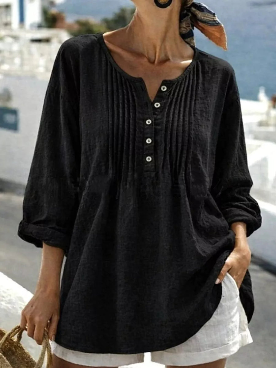 Casual Button Detail Long Sleeve Linen Shirt in Yellow