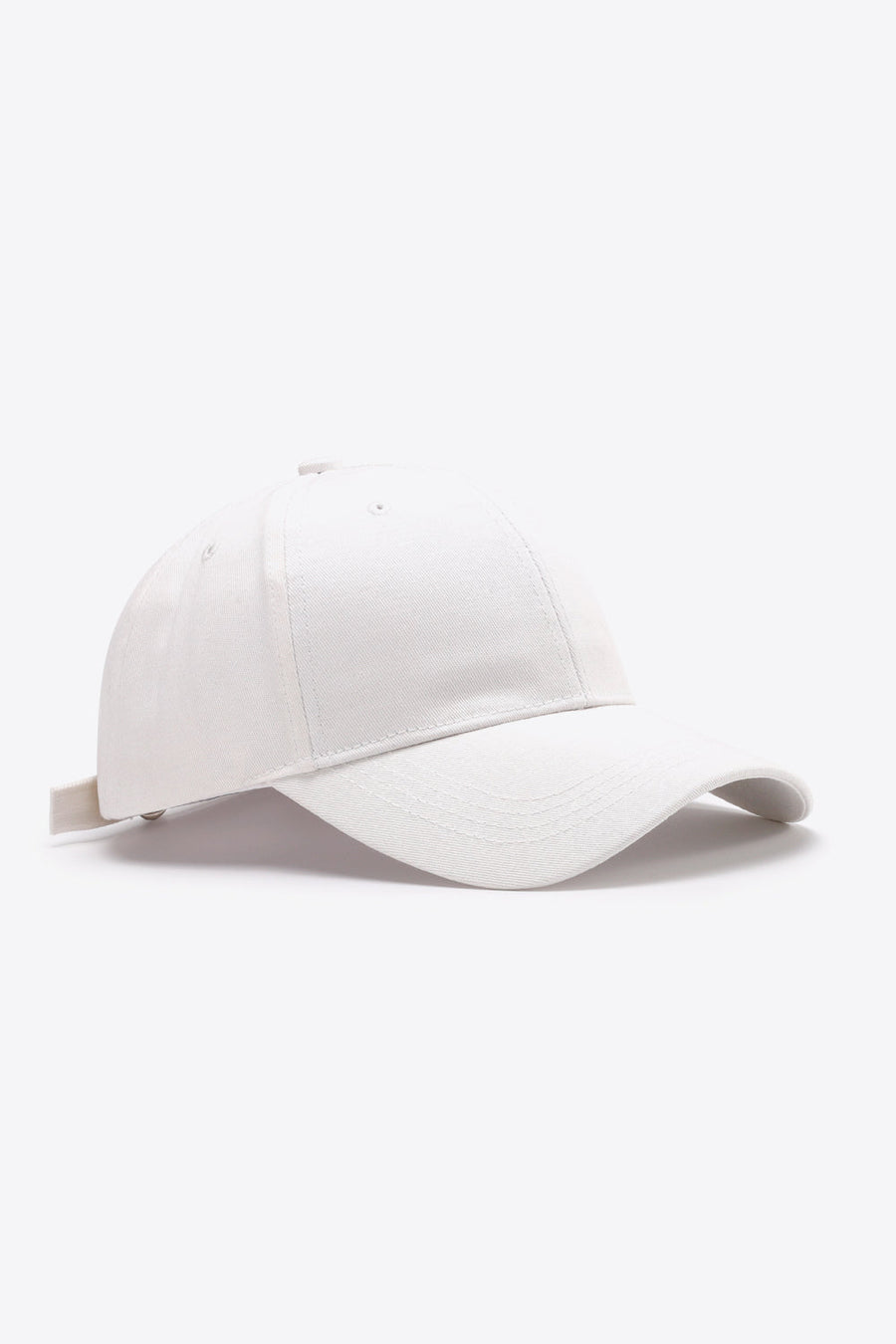 White cotton twill baseball cap with adjustable strap
