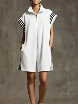 Navy Striped Zip Front Romper