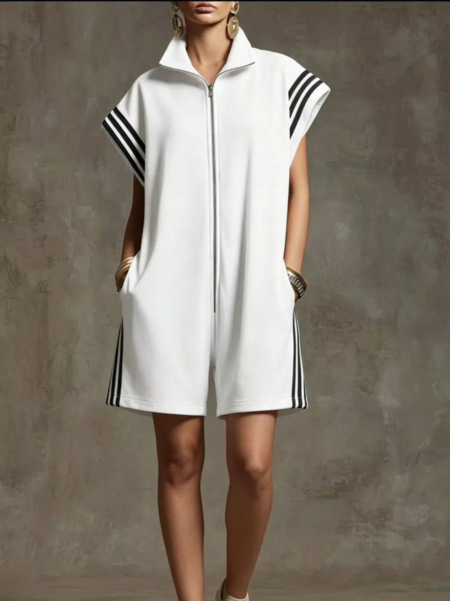 Navy Striped Zip Front Romper