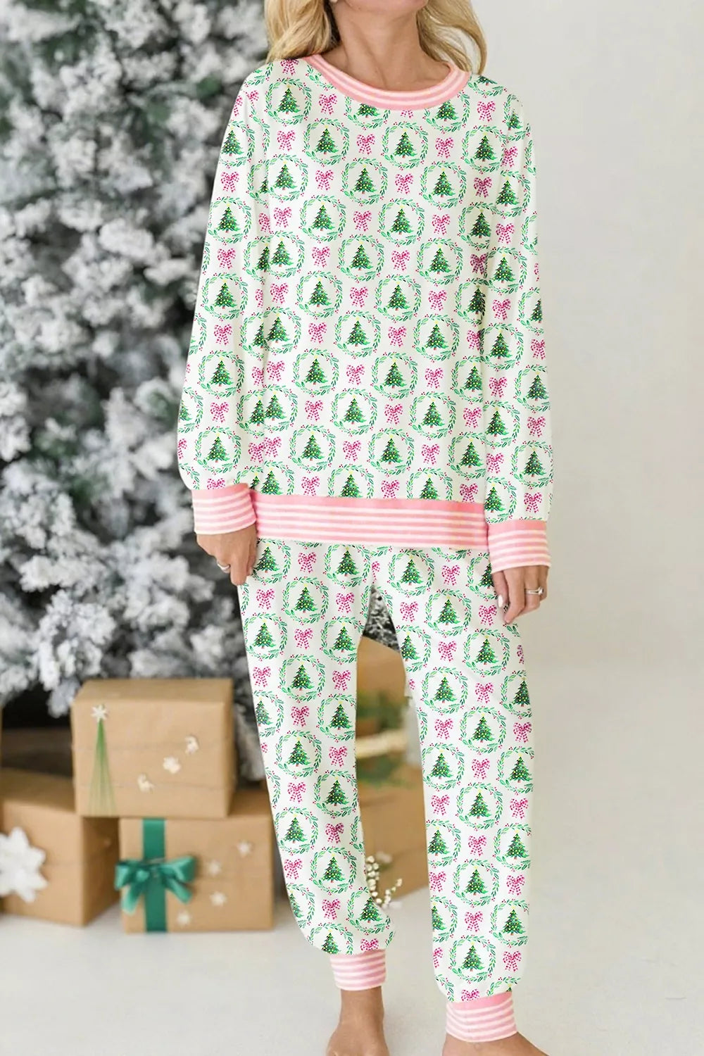white pajama set with christmas tree print and crew neck