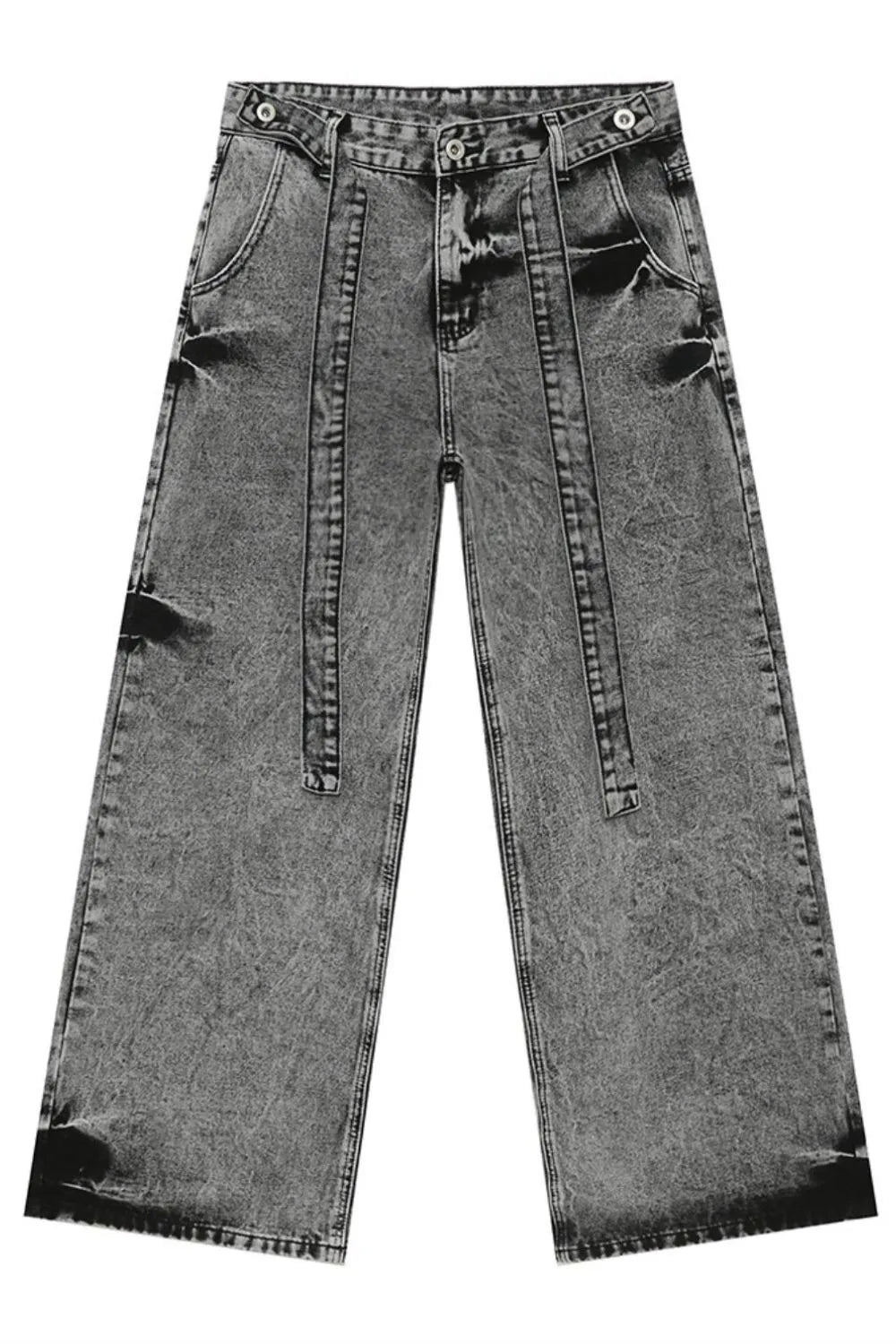 Acid wash belted palazzo jeans in dark with wide legs and front seams.