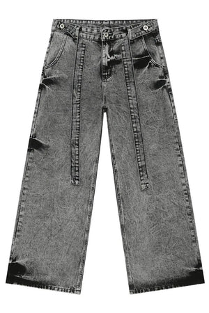 Acid wash belted palazzo jeans in dark with wide legs and front seams.
