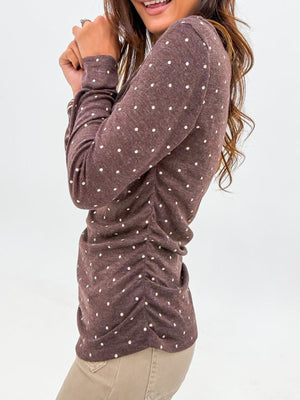 Coffee brown polka dot long-sleeve tee with ruched side detail