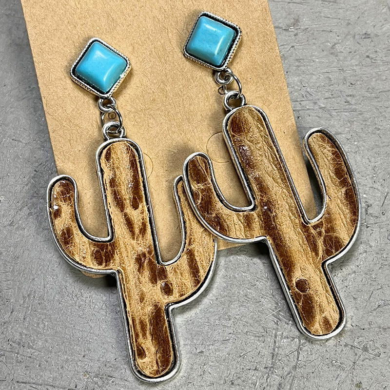 Turquoise square top drop earrings with brown cactus silhouette charms.