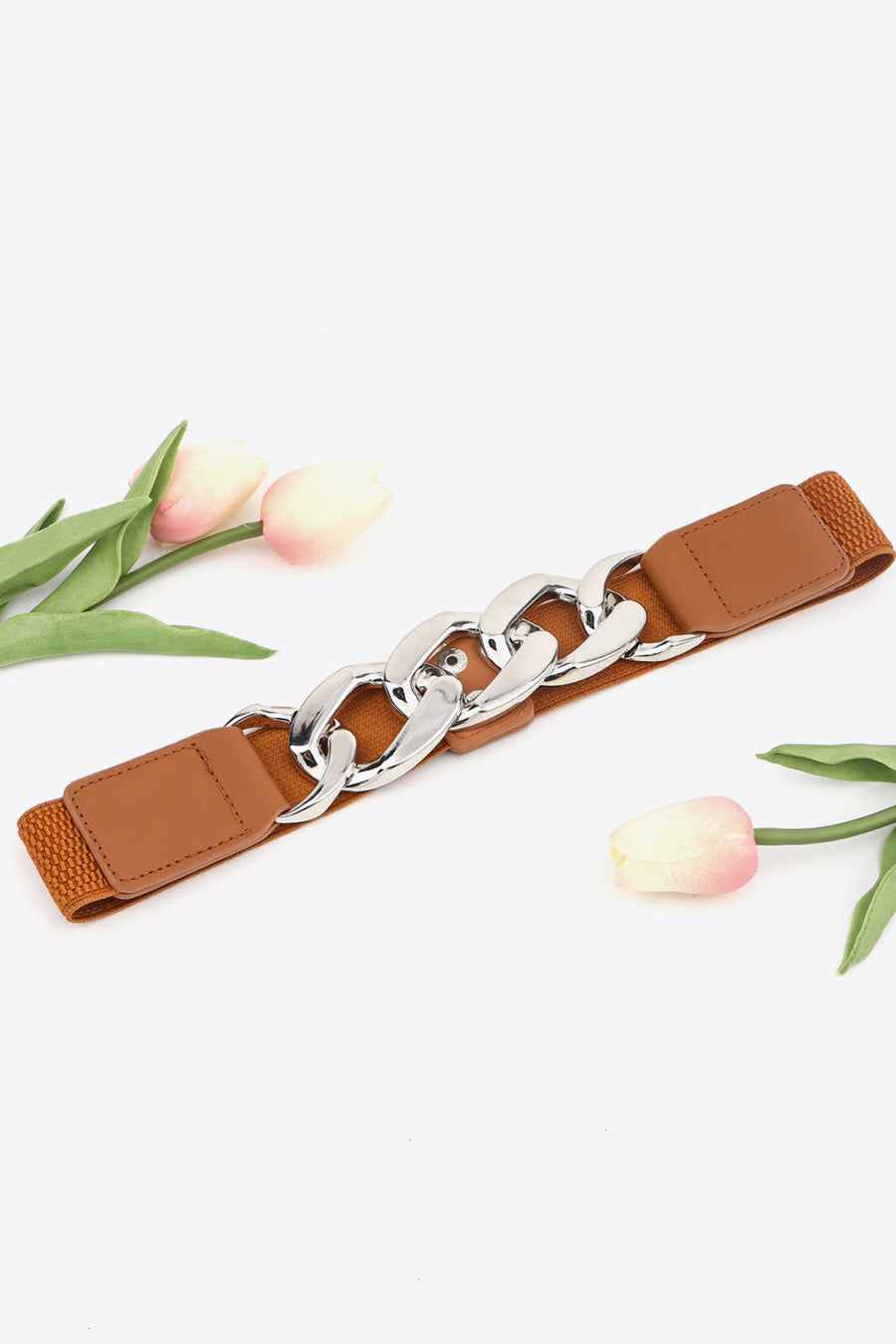 Ochre and silver chunky chain elastic belt with faux leather accents