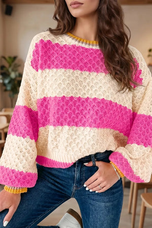 Hot Pink with Striped Colorblock Drop Shoulder Sweater