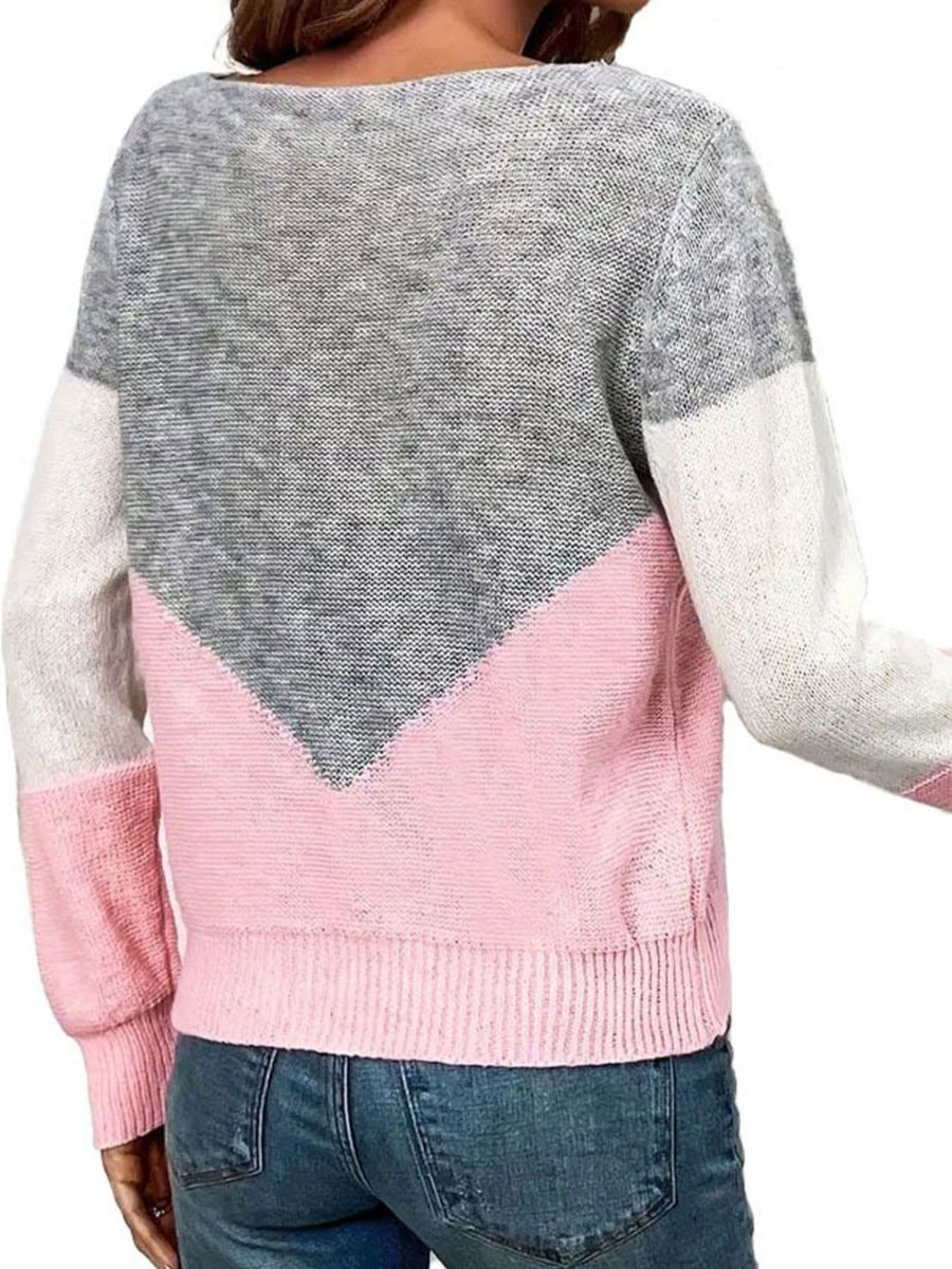 white pullover sweater featuring openwork and color-block