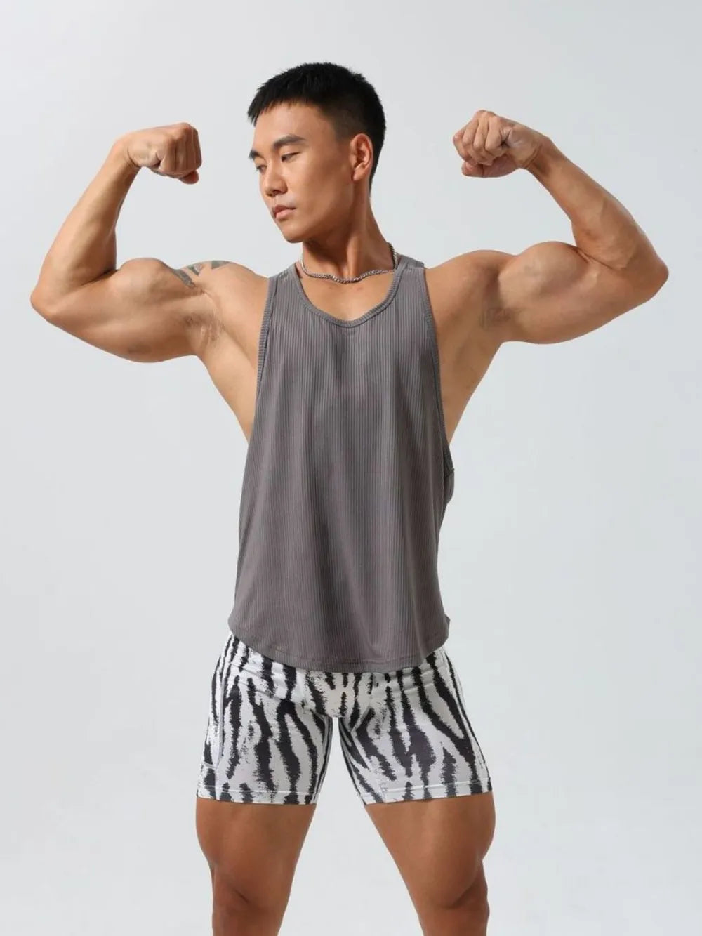 Dark Gray ribbed racerback tank top for men, athletic fit, V-neck