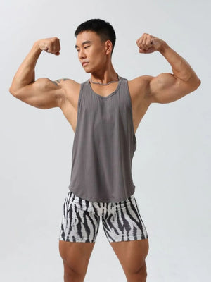 Dark Gray ribbed racerback tank top for men, athletic fit, V-neck