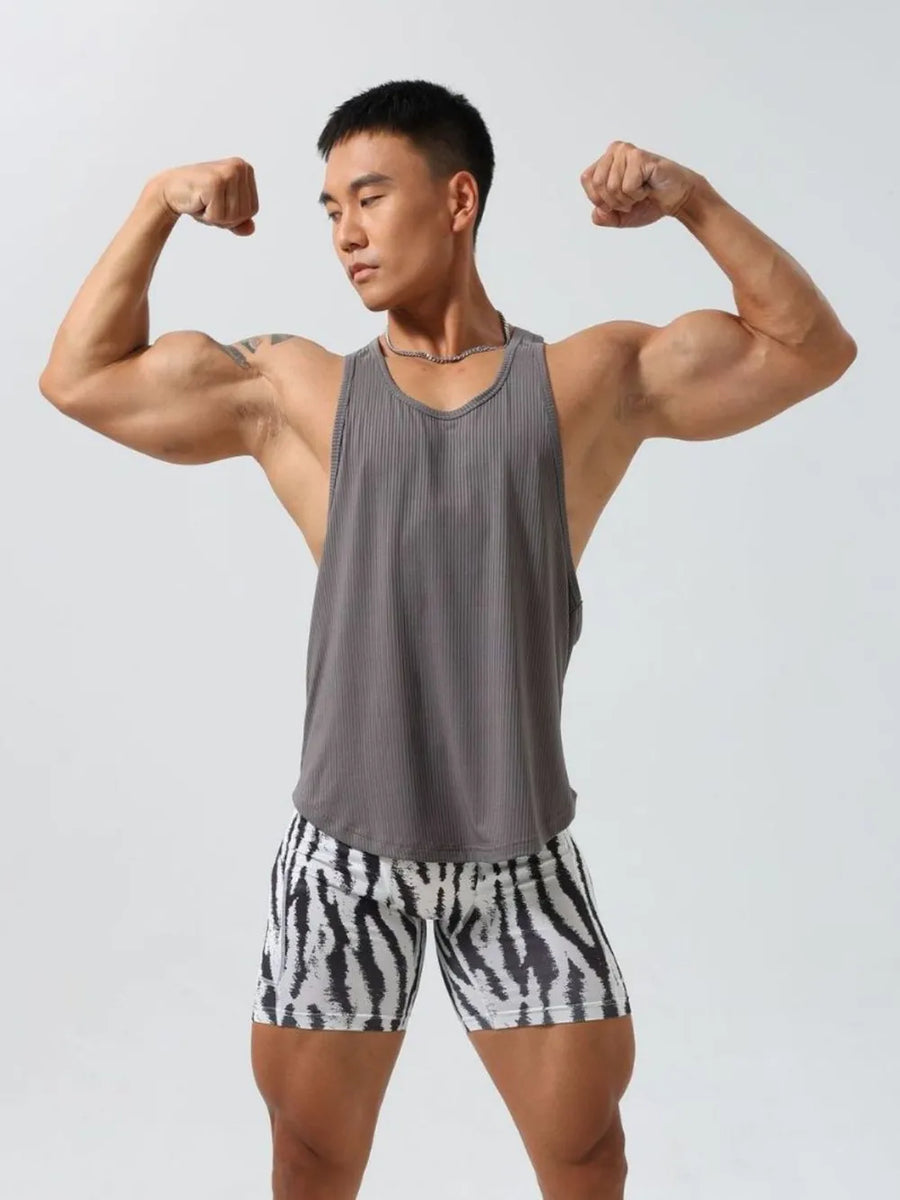 Dark Gray ribbed racerback tank top for men, athletic fit, V-neck