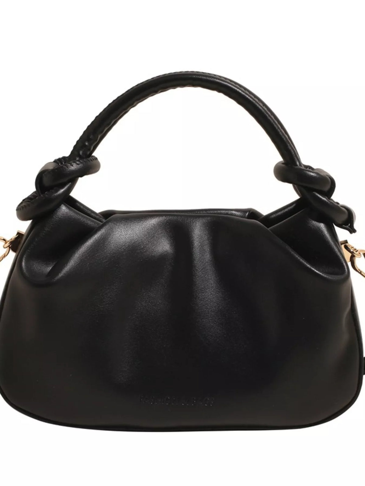 Black ruched crossbody bag with knotted top handle and gold hardware detail