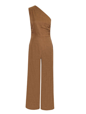 Brown one-shoulder wide leg jumpsuit with ruched detail and a textured fabric.