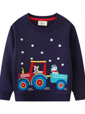 Dark navy baby sweatshirt with embroidered tractor, reindeer, and Santa Claus holiday design.